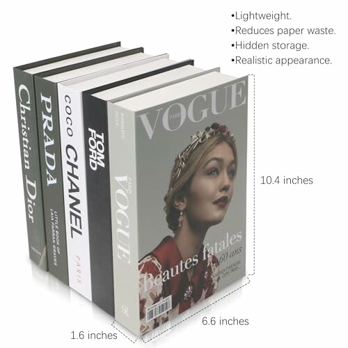 Decorative book storage boxes with realistic book covers and measurements.