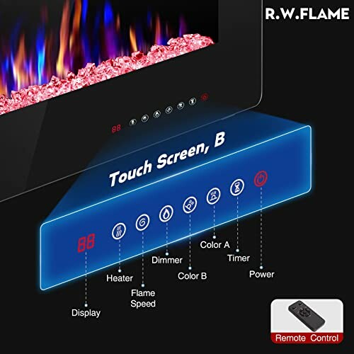 Electric fireplace with touch screen controls and remote control.