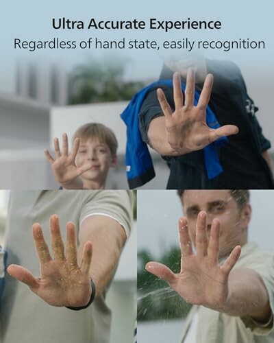 Three people showing open palms, illustrating hand recognition technology.