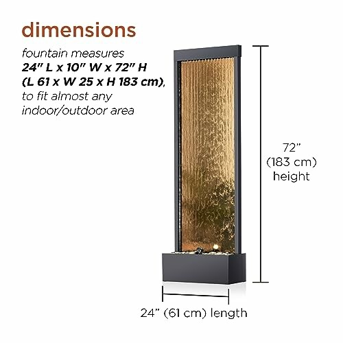 Dimensions of a tall indoor/outdoor fountain with measurements.