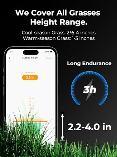 Lawn mower height range 2.2 to 4.0 inches with mobile app display.