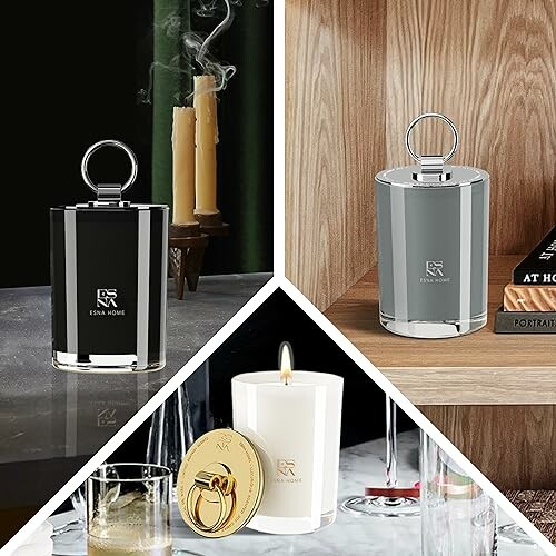 Collage of luxury candles in elegant holders on various surfaces.