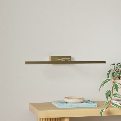 Minimalist wall light above a wooden shelf with a plant and book.