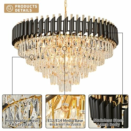 Elegant crystal chandelier with stainless steel body and detailed components.