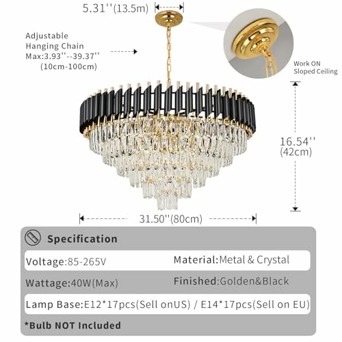 Modern gold and black chandelier with crystal accents and adjustable hanging chain.