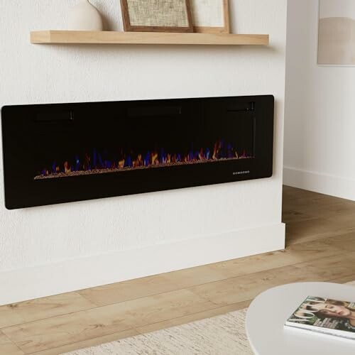 Modern wall-mounted electric fireplace in a minimalist living room.