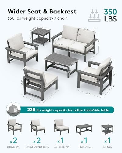 Outdoor furniture set with wider seat and backrest, includes sofas, armchairs, coffee table, and side table with 350 lbs weight capacity.