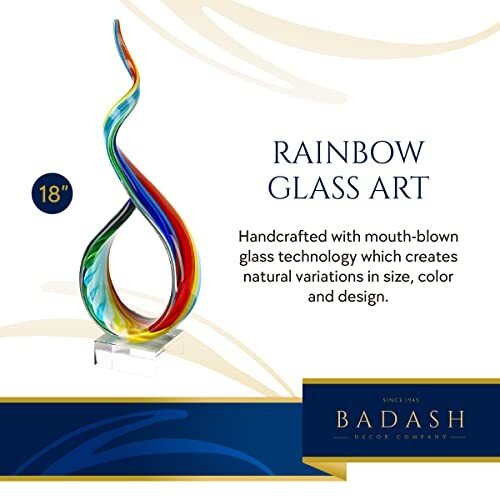 Colorful rainbow glass art sculpture with text detailing handcrafted design.