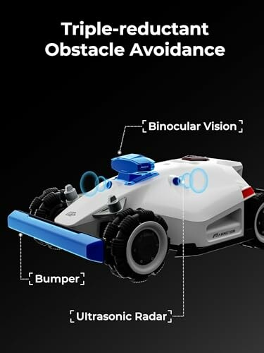 Robot with triple-redundant obstacle avoidance system including binocular vision, bumper, and ultrasonic radar.
