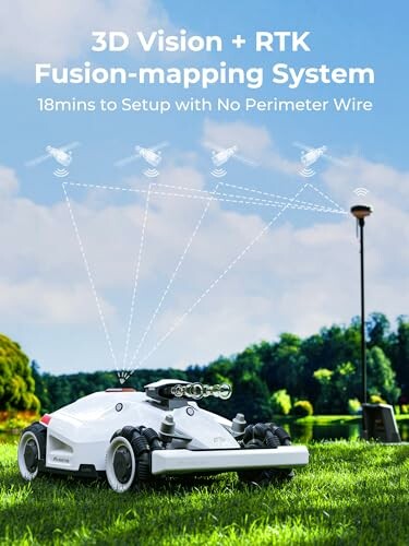 Robotic lawn mower on grass with 3D Vision and RTK Fusion-mapping System.