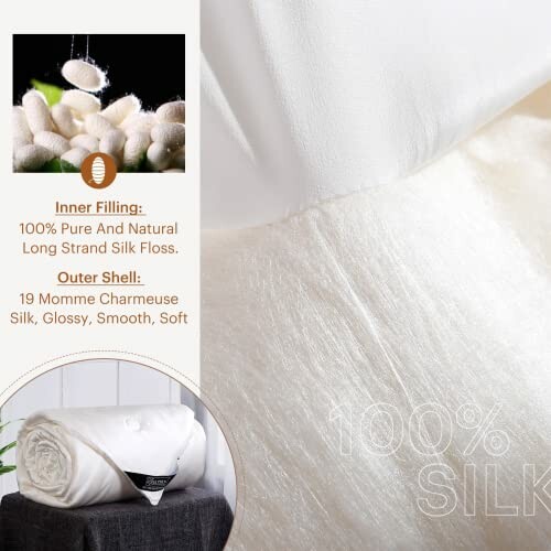 Close-up of silk comforter with 100% silk floss filling and 19 momme charmeuse silk outer shell.