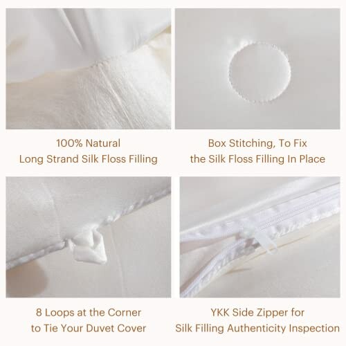 Close-up of silk floss filling with box stitching, corner loops, and YKK zipper.