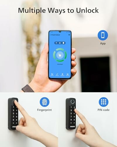 Smart lock unlocking methods: app, fingerprint, and PIN code options.